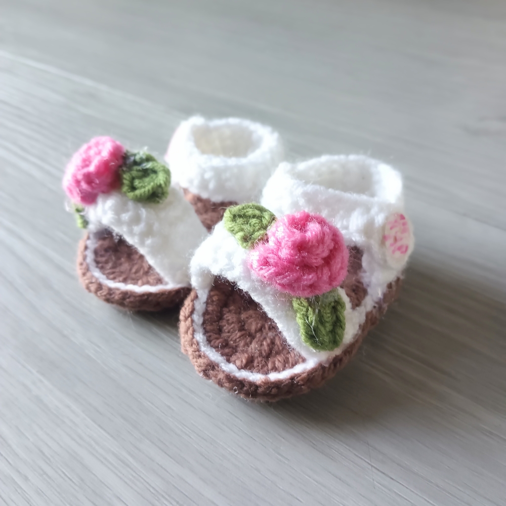 Handcrafted White and Brown Baby Sandals with Pink Floral Design